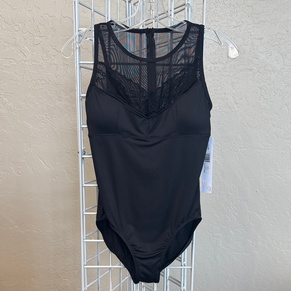 Danz n motion- black leotard with lace and mesh detail.